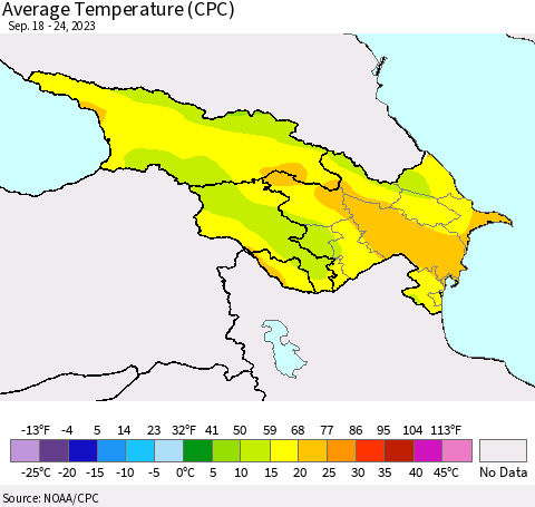 Azerbaijan, Armenia and Georgia Average Temperature (CPC) Thematic Map For 9/18/2023 - 9/24/2023