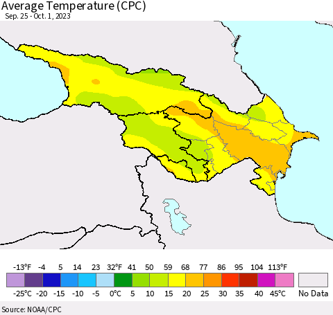 Azerbaijan, Armenia and Georgia Average Temperature (CPC) Thematic Map For 9/25/2023 - 10/1/2023