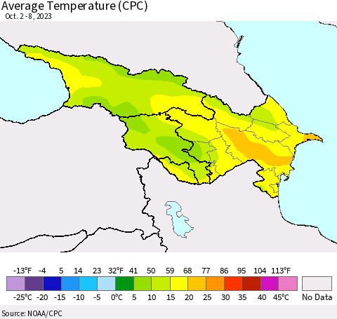 Azerbaijan, Armenia and Georgia Average Temperature (CPC) Thematic Map For 10/2/2023 - 10/8/2023
