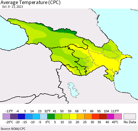 Azerbaijan, Armenia and Georgia Average Temperature (CPC) Thematic Map For 10/9/2023 - 10/15/2023