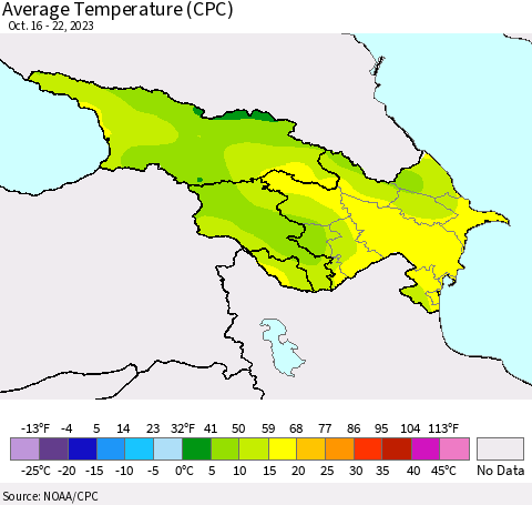 Azerbaijan, Armenia and Georgia Average Temperature (CPC) Thematic Map For 10/16/2023 - 10/22/2023