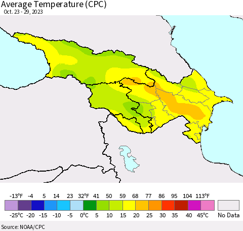 Azerbaijan, Armenia and Georgia Average Temperature (CPC) Thematic Map For 10/23/2023 - 10/29/2023
