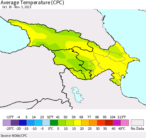 Azerbaijan, Armenia and Georgia Average Temperature (CPC) Thematic Map For 10/30/2023 - 11/5/2023