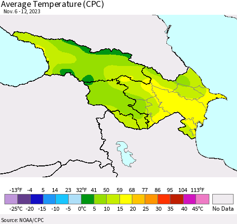 Azerbaijan, Armenia and Georgia Average Temperature (CPC) Thematic Map For 11/6/2023 - 11/12/2023