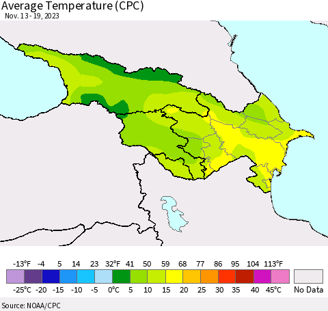 Azerbaijan, Armenia and Georgia Average Temperature (CPC) Thematic Map For 11/13/2023 - 11/19/2023