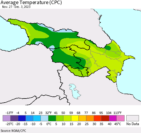 Azerbaijan, Armenia and Georgia Average Temperature (CPC) Thematic Map For 11/27/2023 - 12/3/2023