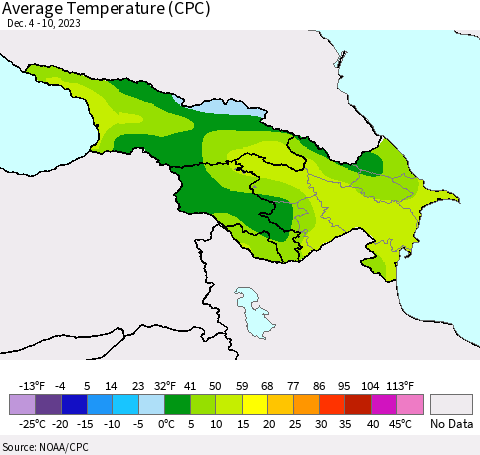 Azerbaijan, Armenia and Georgia Average Temperature (CPC) Thematic Map For 12/4/2023 - 12/10/2023