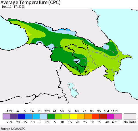 Azerbaijan, Armenia and Georgia Average Temperature (CPC) Thematic Map For 12/11/2023 - 12/17/2023