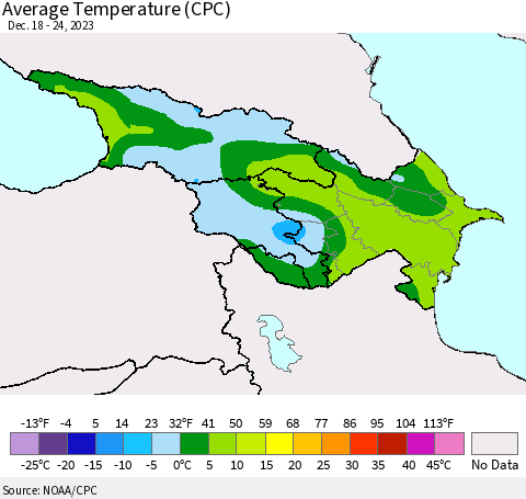Azerbaijan, Armenia and Georgia Average Temperature (CPC) Thematic Map For 12/18/2023 - 12/24/2023