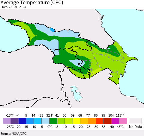 Azerbaijan, Armenia and Georgia Average Temperature (CPC) Thematic Map For 12/25/2023 - 12/31/2023