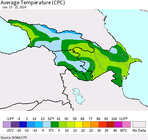 Azerbaijan, Armenia and Georgia Average Temperature (CPC) Thematic Map For 1/15/2024 - 1/21/2024