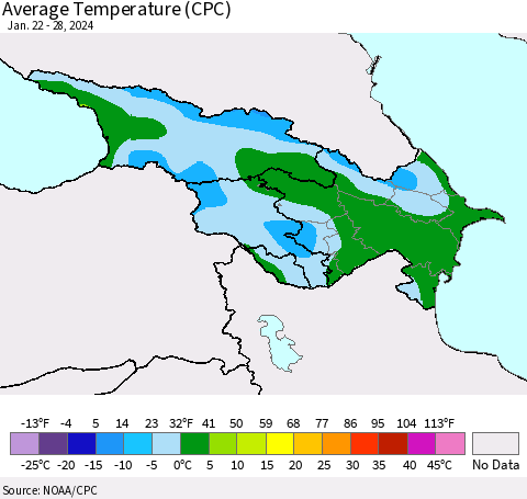 Azerbaijan, Armenia and Georgia Average Temperature (CPC) Thematic Map For 1/22/2024 - 1/28/2024