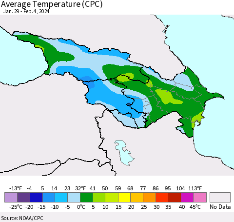 Azerbaijan, Armenia and Georgia Average Temperature (CPC) Thematic Map For 1/29/2024 - 2/4/2024