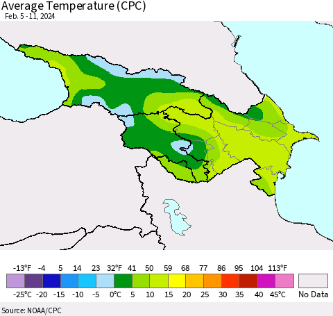 Azerbaijan, Armenia and Georgia Average Temperature (CPC) Thematic Map For 2/5/2024 - 2/11/2024