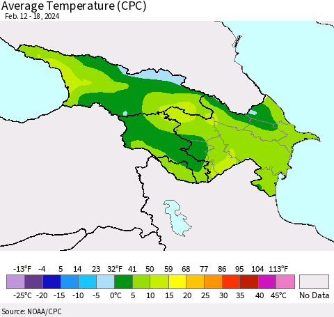 Azerbaijan, Armenia and Georgia Average Temperature (CPC) Thematic Map For 2/12/2024 - 2/18/2024