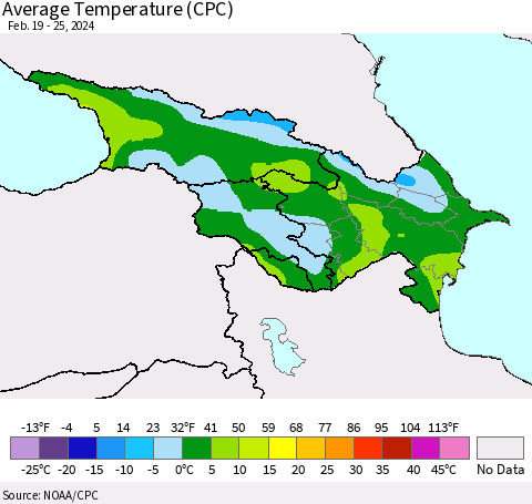 Azerbaijan, Armenia and Georgia Average Temperature (CPC) Thematic Map For 2/19/2024 - 2/25/2024
