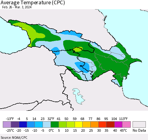 Azerbaijan, Armenia and Georgia Average Temperature (CPC) Thematic Map For 2/26/2024 - 3/3/2024