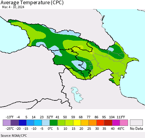Azerbaijan, Armenia and Georgia Average Temperature (CPC) Thematic Map For 3/4/2024 - 3/10/2024
