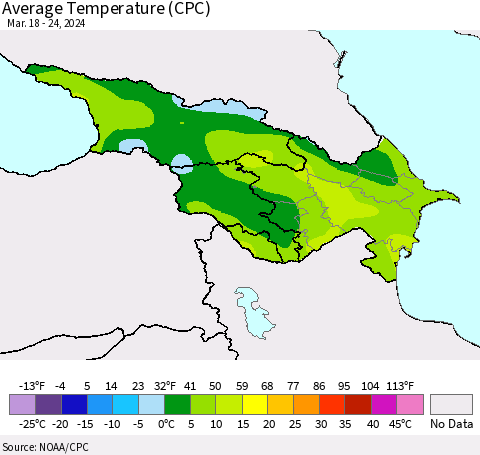 Azerbaijan, Armenia and Georgia Average Temperature (CPC) Thematic Map For 3/18/2024 - 3/24/2024