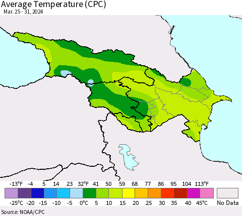 Azerbaijan, Armenia and Georgia Average Temperature (CPC) Thematic Map For 3/25/2024 - 3/31/2024