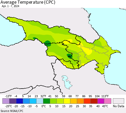 Azerbaijan, Armenia and Georgia Average Temperature (CPC) Thematic Map For 4/1/2024 - 4/7/2024