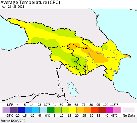 Azerbaijan, Armenia and Georgia Average Temperature (CPC) Thematic Map For 4/22/2024 - 4/28/2024