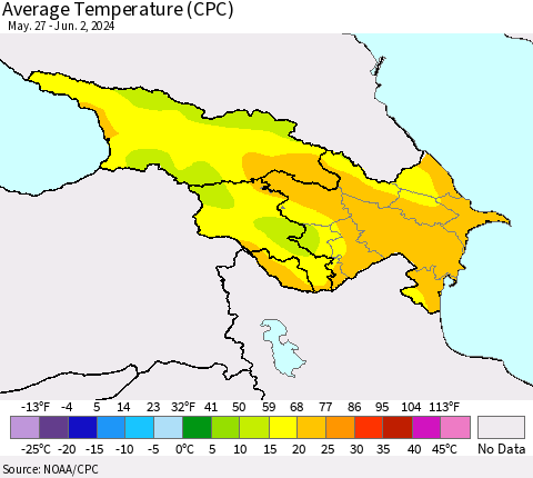 Azerbaijan, Armenia and Georgia Average Temperature (CPC) Thematic Map For 5/27/2024 - 6/2/2024