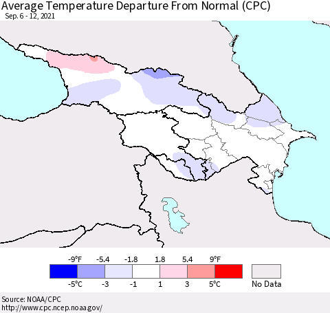 Azerbaijan, Armenia and Georgia Average Temperature Departure from Normal (CPC) Thematic Map For 9/6/2021 - 9/12/2021
