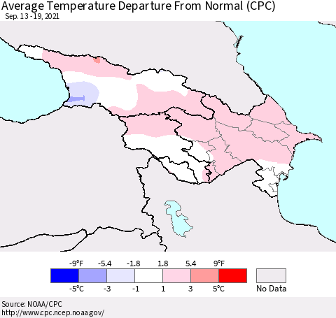 Azerbaijan, Armenia and Georgia Average Temperature Departure from Normal (CPC) Thematic Map For 9/13/2021 - 9/19/2021