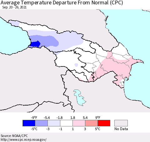 Azerbaijan, Armenia and Georgia Average Temperature Departure from Normal (CPC) Thematic Map For 9/20/2021 - 9/26/2021