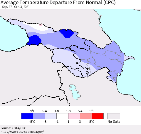 Azerbaijan, Armenia and Georgia Average Temperature Departure from Normal (CPC) Thematic Map For 9/27/2021 - 10/3/2021