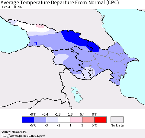 Azerbaijan, Armenia and Georgia Average Temperature Departure from Normal (CPC) Thematic Map For 10/4/2021 - 10/10/2021