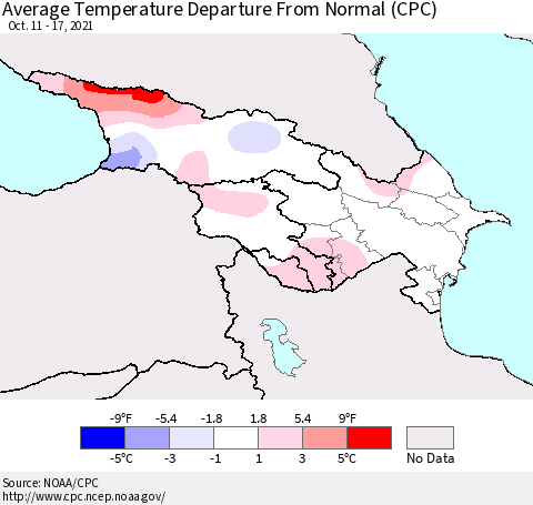 Azerbaijan, Armenia and Georgia Average Temperature Departure from Normal (CPC) Thematic Map For 10/11/2021 - 10/17/2021