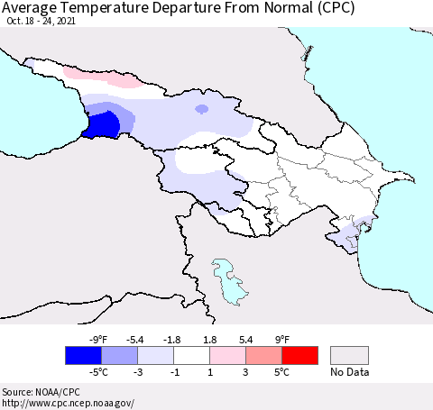 Azerbaijan, Armenia and Georgia Average Temperature Departure from Normal (CPC) Thematic Map For 10/18/2021 - 10/24/2021