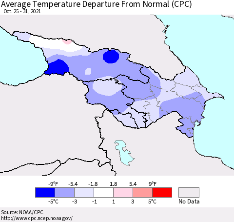 Azerbaijan, Armenia and Georgia Average Temperature Departure from Normal (CPC) Thematic Map For 10/25/2021 - 10/31/2021