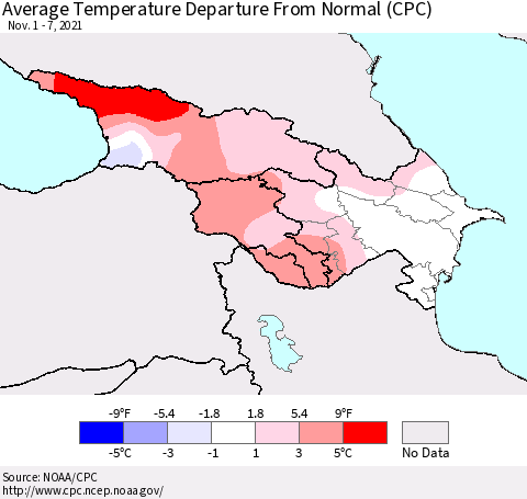 Azerbaijan, Armenia and Georgia Average Temperature Departure from Normal (CPC) Thematic Map For 11/1/2021 - 11/7/2021