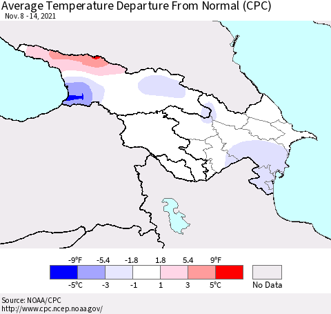 Azerbaijan, Armenia and Georgia Average Temperature Departure from Normal (CPC) Thematic Map For 11/8/2021 - 11/14/2021