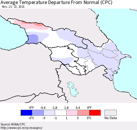 Azerbaijan, Armenia and Georgia Average Temperature Departure from Normal (CPC) Thematic Map For 11/15/2021 - 11/21/2021