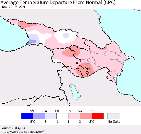 Azerbaijan, Armenia and Georgia Average Temperature Departure from Normal (CPC) Thematic Map For 11/22/2021 - 11/28/2021