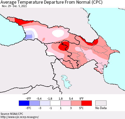 Azerbaijan, Armenia and Georgia Average Temperature Departure from Normal (CPC) Thematic Map For 11/29/2021 - 12/5/2021