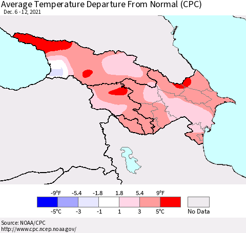 Azerbaijan, Armenia and Georgia Average Temperature Departure from Normal (CPC) Thematic Map For 12/6/2021 - 12/12/2021