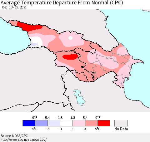 Azerbaijan, Armenia and Georgia Average Temperature Departure from Normal (CPC) Thematic Map For 12/13/2021 - 12/19/2021