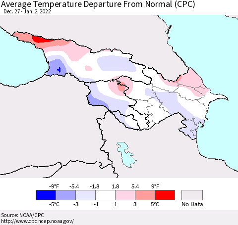 Azerbaijan, Armenia and Georgia Average Temperature Departure from Normal (CPC) Thematic Map For 12/27/2021 - 1/2/2022