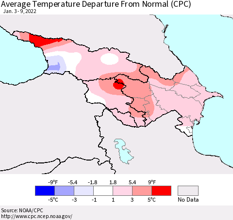 Azerbaijan, Armenia and Georgia Average Temperature Departure from Normal (CPC) Thematic Map For 1/3/2022 - 1/9/2022