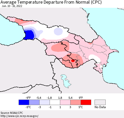 Azerbaijan, Armenia and Georgia Average Temperature Departure from Normal (CPC) Thematic Map For 1/10/2022 - 1/16/2022