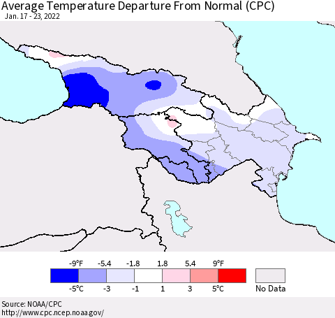 Azerbaijan, Armenia and Georgia Average Temperature Departure from Normal (CPC) Thematic Map For 1/17/2022 - 1/23/2022