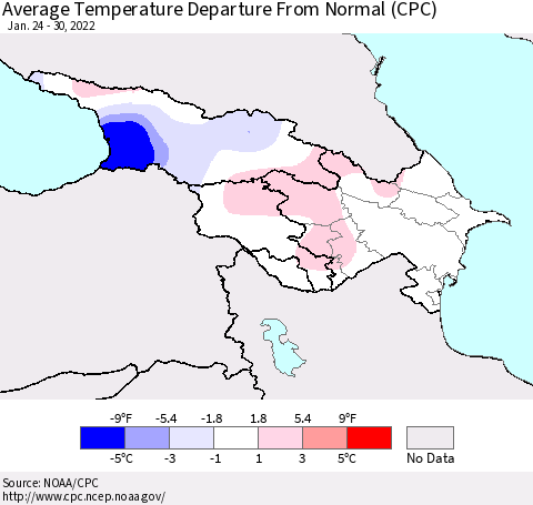Azerbaijan, Armenia and Georgia Average Temperature Departure from Normal (CPC) Thematic Map For 1/24/2022 - 1/30/2022