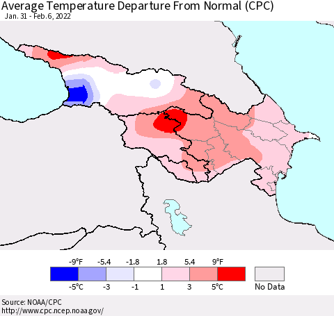 Azerbaijan, Armenia and Georgia Average Temperature Departure from Normal (CPC) Thematic Map For 1/31/2022 - 2/6/2022