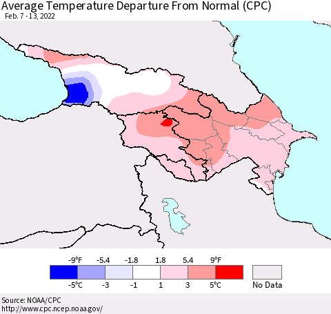 Azerbaijan, Armenia and Georgia Average Temperature Departure from Normal (CPC) Thematic Map For 2/7/2022 - 2/13/2022