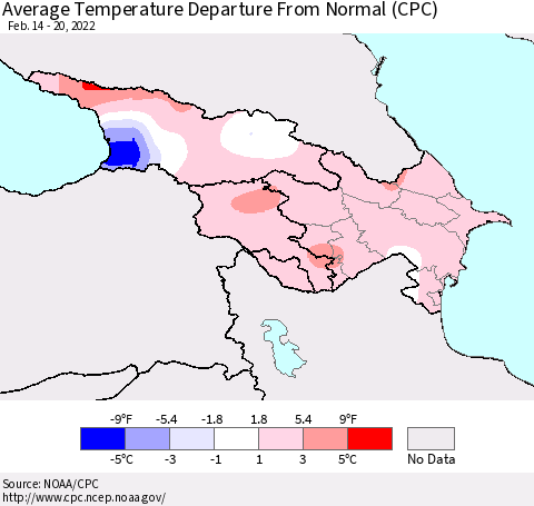 Azerbaijan, Armenia and Georgia Average Temperature Departure from Normal (CPC) Thematic Map For 2/14/2022 - 2/20/2022